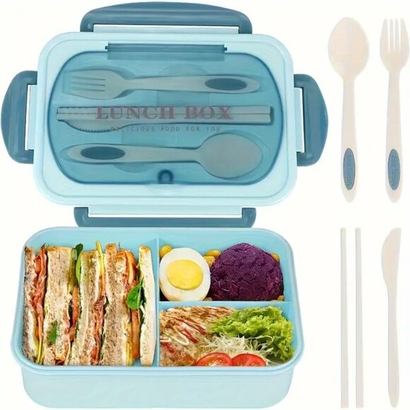 Leak-Proof Bento Box 40.58 Oz BPA Free Cutlery Set 3 Compartments Microwave Safe - Picture 4 of 8
